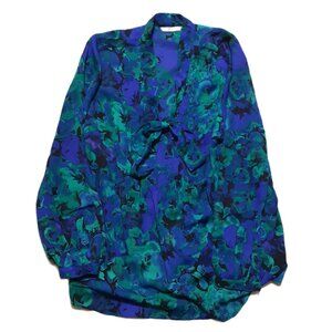 Top Isaac Mizrahi L Blue/Black/Teal Blouse Women Long-Sleeve Floral Pattern